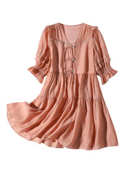 Cute Orange V Neck Patchwork Button Solid Silk Mid Dress Summer