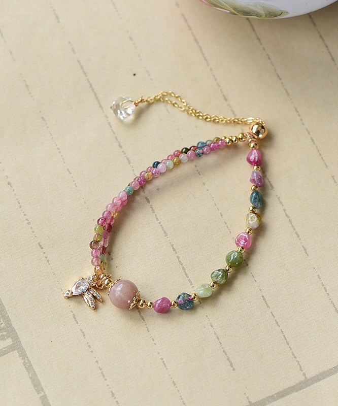 Cute Pink 14K Gold Zircon Jade Crystal Charm Bracelet