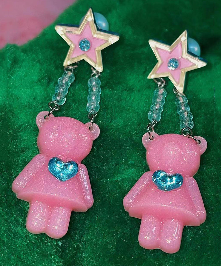 Cute Pink Alloy Acrylic Star Little Bear Resin Love Zircon Drop Earrings