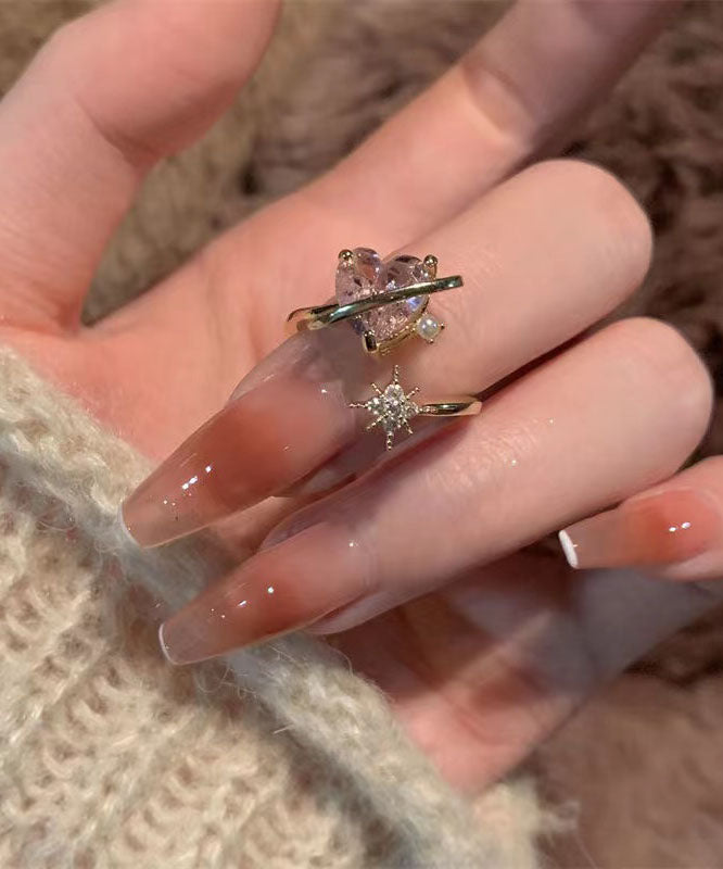 Cute Pink Alloy Zircon Crystal Pearl Love Rings