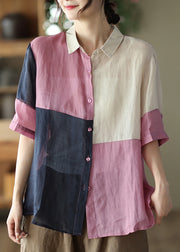 Cute Pink Button Cozy Ramie Shirt Summer