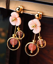 Cute Pink Crystal Shellfish Flower 14K Gold Drop Earrings