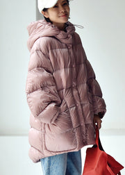 Cute Pink Drawstring Zippered Button Low High Design Hooded Duck Down Filled Down Coat Winter