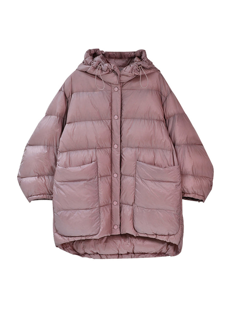 Cute Pink Drawstring Zippered Button Low High Design Hooded Duck Down Filled Down Coat Winter