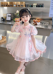 Cute Pink Embroidered Chinese Button Patchwork Tulle Baby Girls Dresses Summer