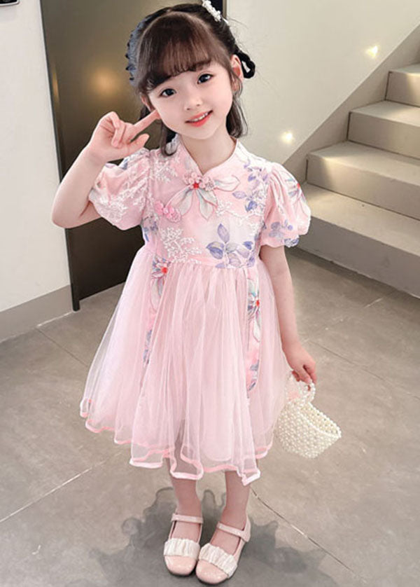 Cute Pink Embroidered Chinese Button Patchwork Tulle Baby Girls Dresses Summer