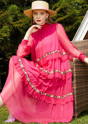 Cute Pink Embroidered Floral Patchwork Wrinkled Silk Long Dress Long Sleeve