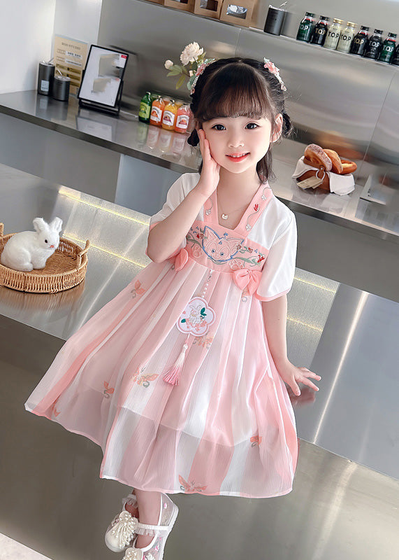 Cute Pink Embroidered Patchwork Bow Chiffon Kids Maxi Dress Summer