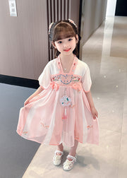 Cute Pink Embroidered Patchwork Bow Chiffon Kids Maxi Dress Summer