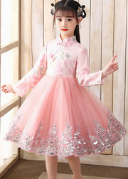 Cute Pink Embroidered Patchwork Tulle Girls Long Dress Fall