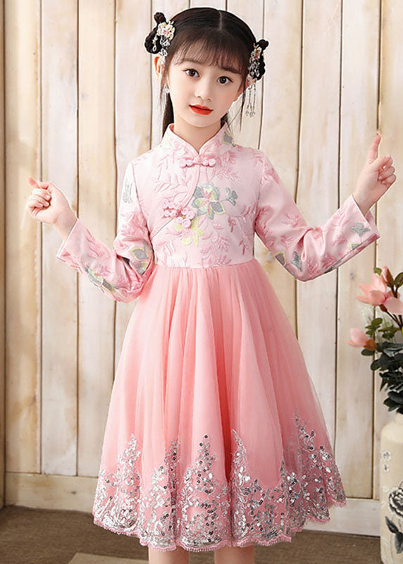 Cute Pink Embroidered Patchwork Tulle Girls Long Dress Fall