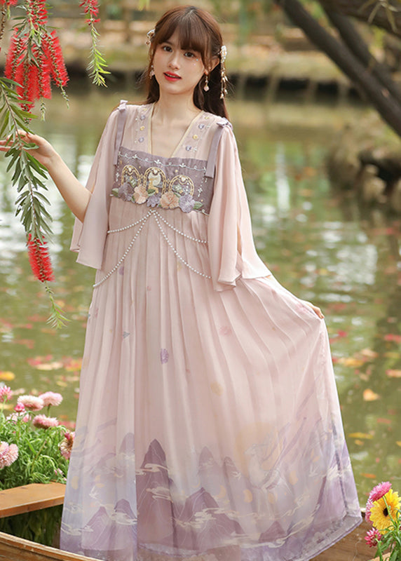 Cute Pink Embroidered Wrinkled Patchwork Chiffon Dress Half Sleeve
