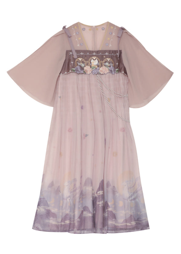 Cute Pink Embroidered Wrinkled Patchwork Chiffon Dress Half Sleeve
