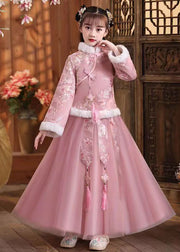 Cute Pink Fur Collar Embroidered Girls Coats And Tulle Maxi Skirts Two Pieces Set Winter