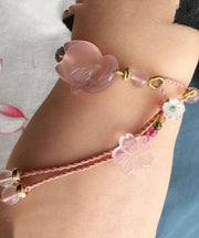 Cute Pink Hand Knitting Crystal Furong Stone Fox Charm Bracelet