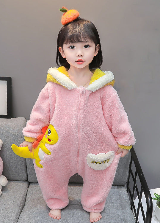 Cute Pink Hooded Zippered Patchwork Fluffy Kids Jumpsuit Long Sleeve
