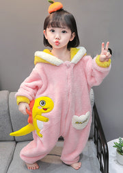 Cute Pink Hooded Zippered Patchwork Fluffy Kids Jumpsuit Long Sleeve