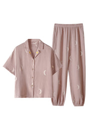 Cute Pink Notched Print Button Cotton Pajamas Two Pieces Set Summer