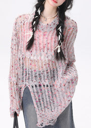 Cute Pink O-Neck Asymmetrical Hollow Out Cozy Knit Sweater Long Sleeve