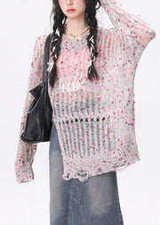 Cute Pink O-Neck Asymmetrical Hollow Out Cozy Knit Sweater Long Sleeve