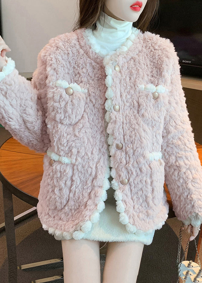 Cute Pink O-Neck Button Faux Fur Coats Fall