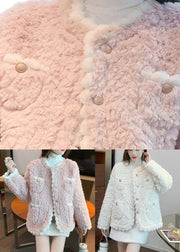 Cute Pink O-Neck Button Faux Fur Coats Fall