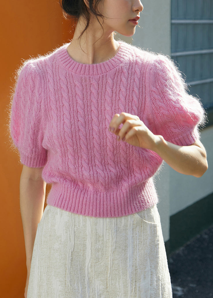 Cute Pink O-Neck Cable Knit Woolen Sweater Fall