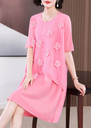 Cute Pink O-Neck Floral Patchwork Long Dress Short Sleeve
