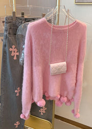 Cute Pink O-Neck Fuzzy Ball Decorated Warm Cotton Knit Sweaters Long Sleeve