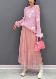 Cute Pink O-Neck Knit Top And Tulle Maxi Skirts Two Pieces Set Fall