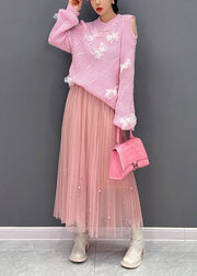 Cute Pink O-Neck Knit Top And Tulle Maxi Skirts Two Pieces Set Fall