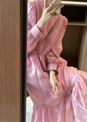 Cute Pink O-Neck Patchwork Wrinkled Long Dress Spring