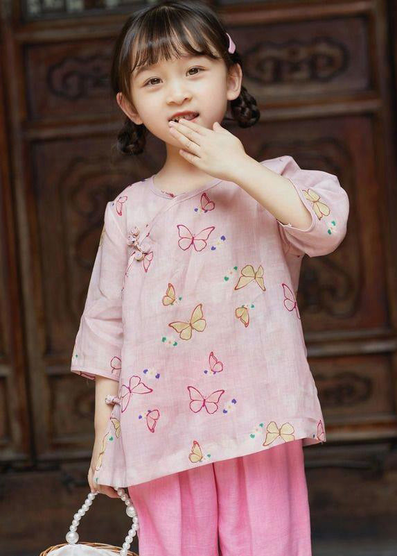 Cute Pink O-Neck Print Button Linen Shirt Summer
