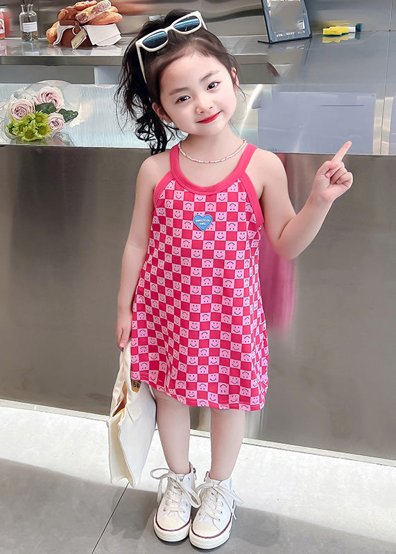Cute Pink O-Neck Print Girls Slip Mid Dress Summer