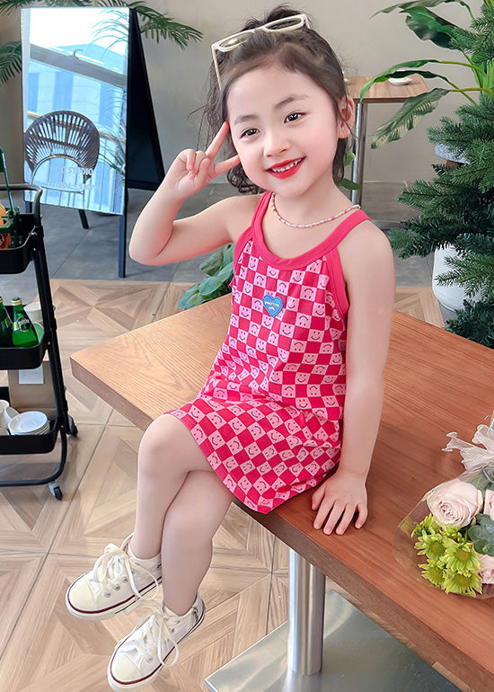 Cute Pink O-Neck Print Girls Slip Mid Dress Summer