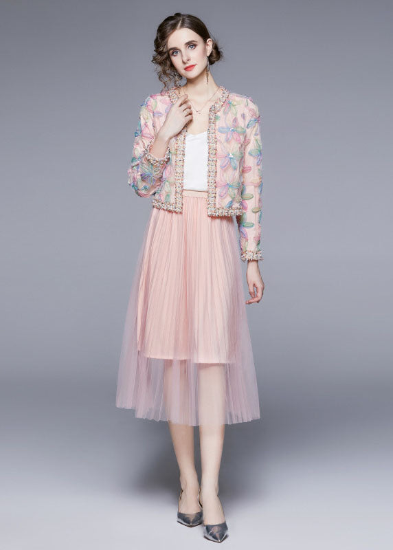 Cute Pink O-Neck Print Tulle Two Piece Suit Set Fall