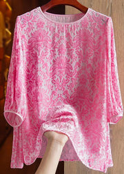 Cute Pink O-Neck Silk Velour Patchwork Chiffon T Shirt Fall