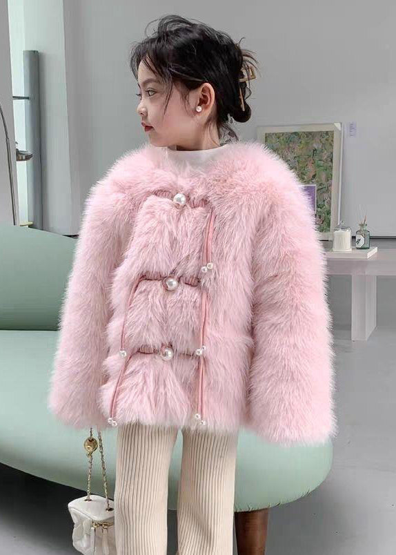 Cute Pink O-Neck Solid Mink Hair Girls Coat Long Sleeve