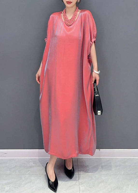 Cute Pink O-Neck Solid Silk Long Dress Short Sleeve