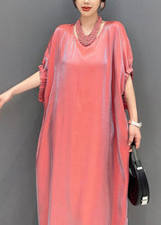 Cute Pink O-Neck Solid Silk Long Dress Short Sleeve