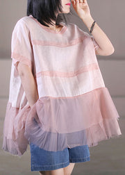 Cute Pink O-Neck Tulle Patchwork Cotton Linen Loose Tank Tops Short Sleeve
