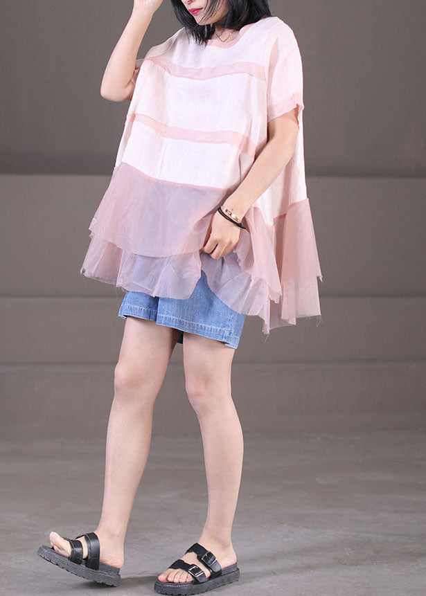 Cute Pink O-Neck Tulle Patchwork Cotton Linen Loose Tank Tops Short Sleeve