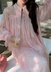 Cute Pink Patchwork Wrinkled Tulle Shirt And Maxi Skirts Two Piece Set Spring