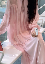 Cute Pink Patchwork Wrinkled Tulle Shirt And Maxi Skirts Two Piece Set Spring