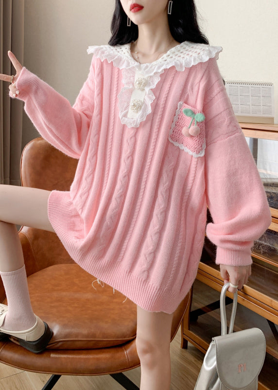 Cute Pink Peter Pan Collar Cotton Knit Sweater Spring