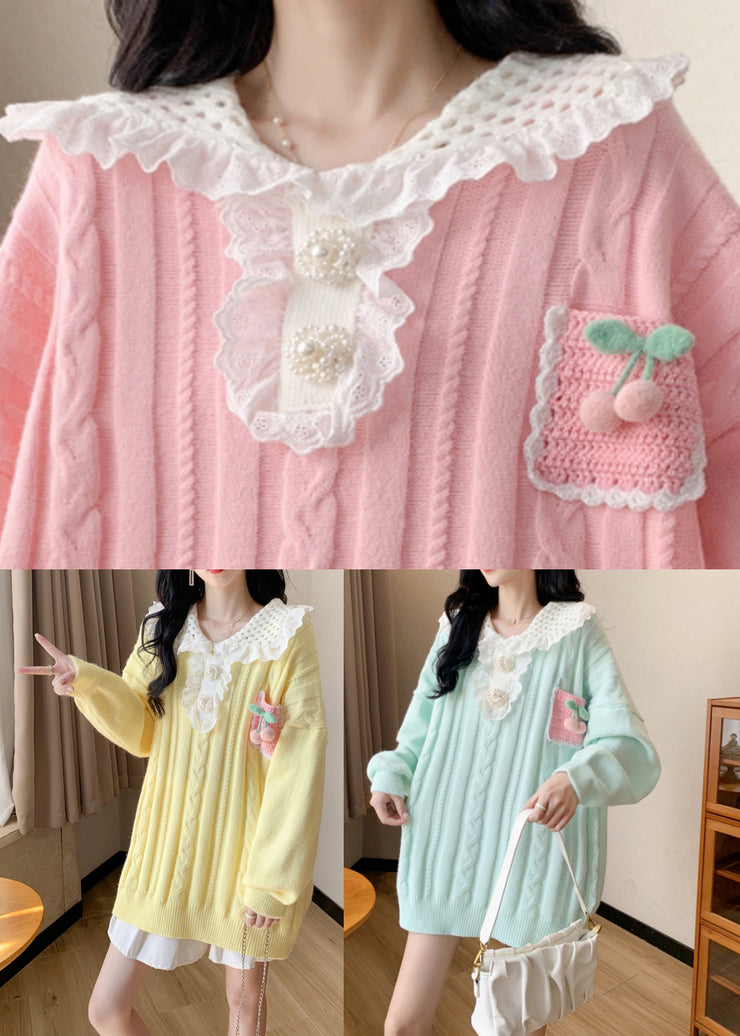 Cute Pink Peter Pan Collar Cotton Knit Sweater Spring