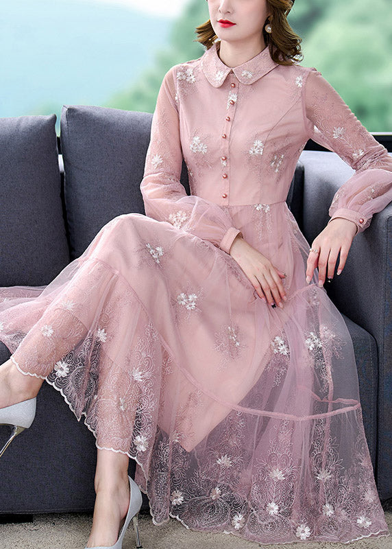 Cute Pink Peter Pan Collar Embroidered Floral Patchwork Button Tulle Maxi Dress Long Sleeve