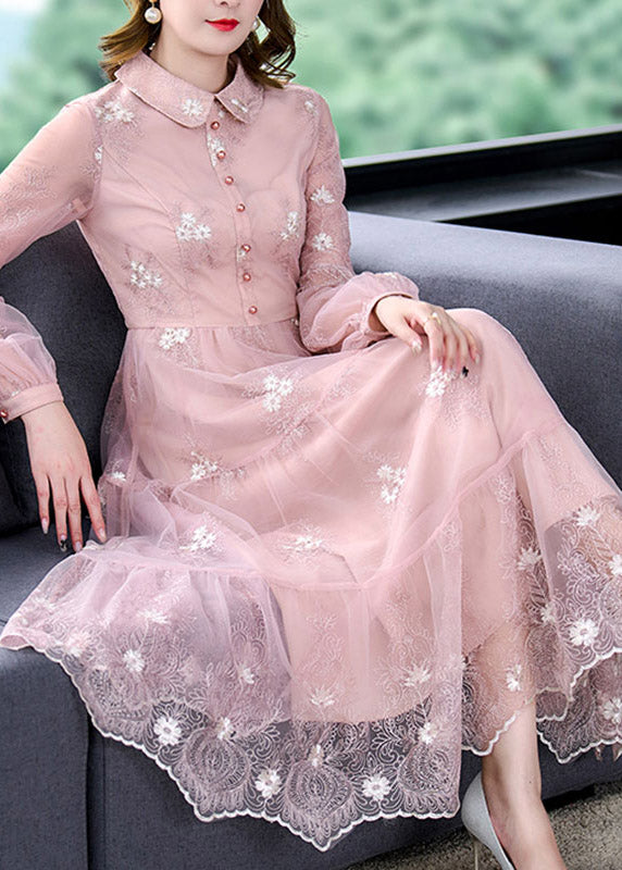 Cute Pink Peter Pan Collar Embroidered Floral Patchwork Button Tulle Maxi Dress Long Sleeve