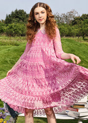 Cute Pink Peter Pan Collar Embroidered Floral Tulle Long Dresses Summer