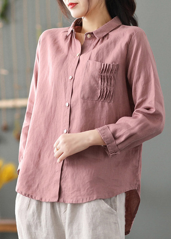 Cute Pink Peter Pan Collar Patchwork Solid Button Low High Design Linen Shirt Long Sleeve